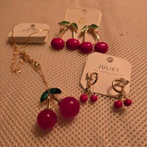 3 piece-cherry 36" necklace & 2 pairs of coordinating earrings, very cute gift